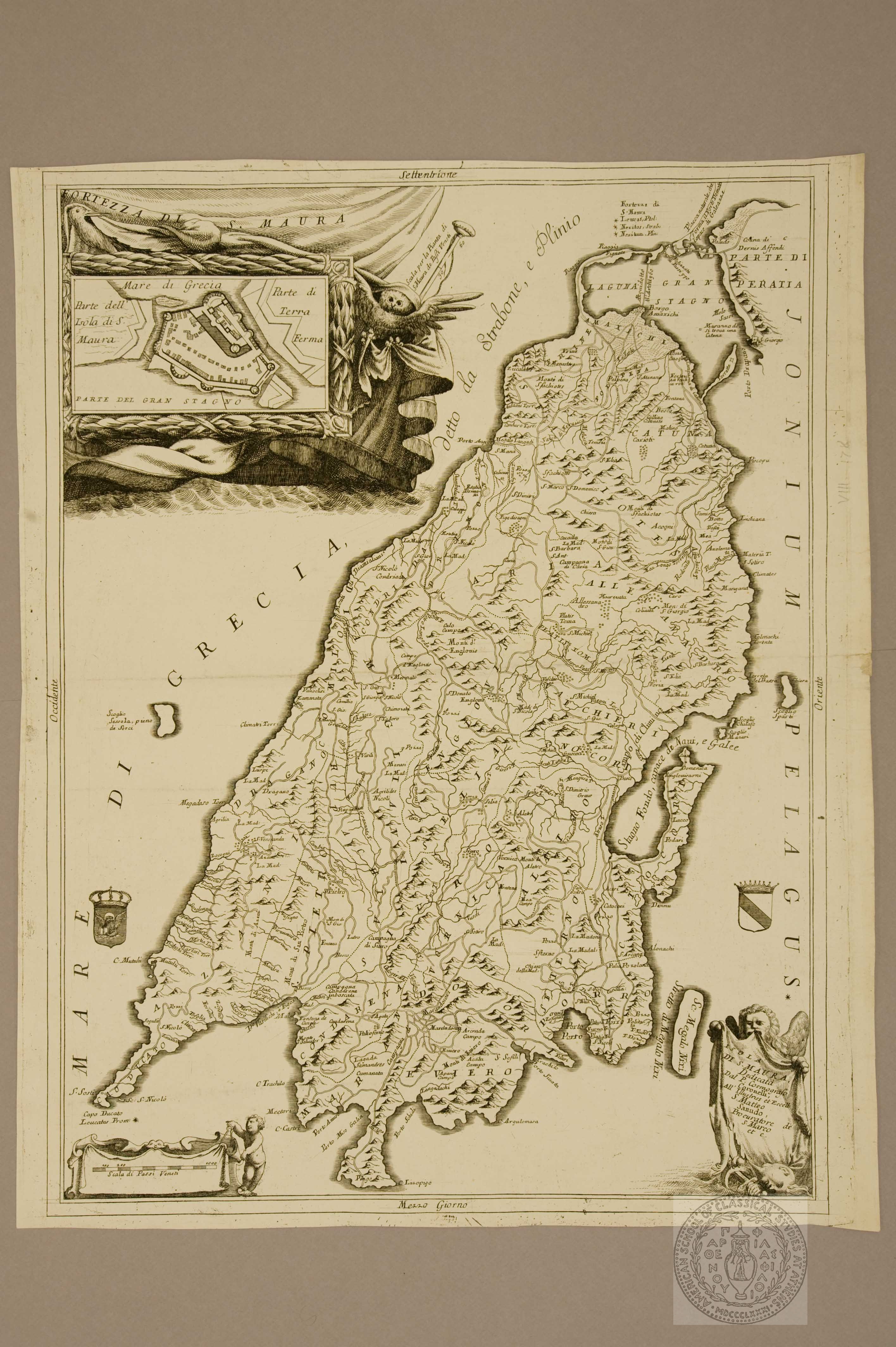 Isola di Santa Maura dedicata dal P. Cosmografo Coronelli all' Ilustrissimo et Eccellentissimo S. Matteo Sanudo Procuratore di San Marco etc.